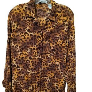 (795) Sun Streak by new port news Leopard button front Long Sleeve Top Size M